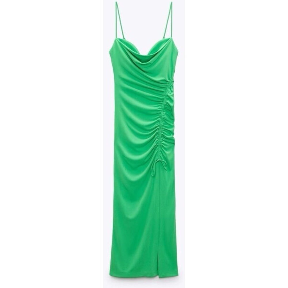 ZARA Ruched Bodycon Midi Green Dress Sz M